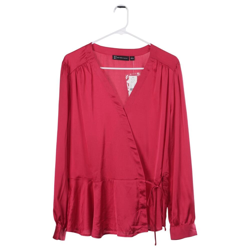 NWT New York & Company Wrap Top L Berry Pink Satin V-Neck Long Sleeve